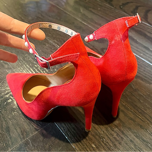 Nasty Gal Truffle Collection Red Pointed Toe Heels w/ Pearl Studded Ankle Straps - Picture 4 of 16